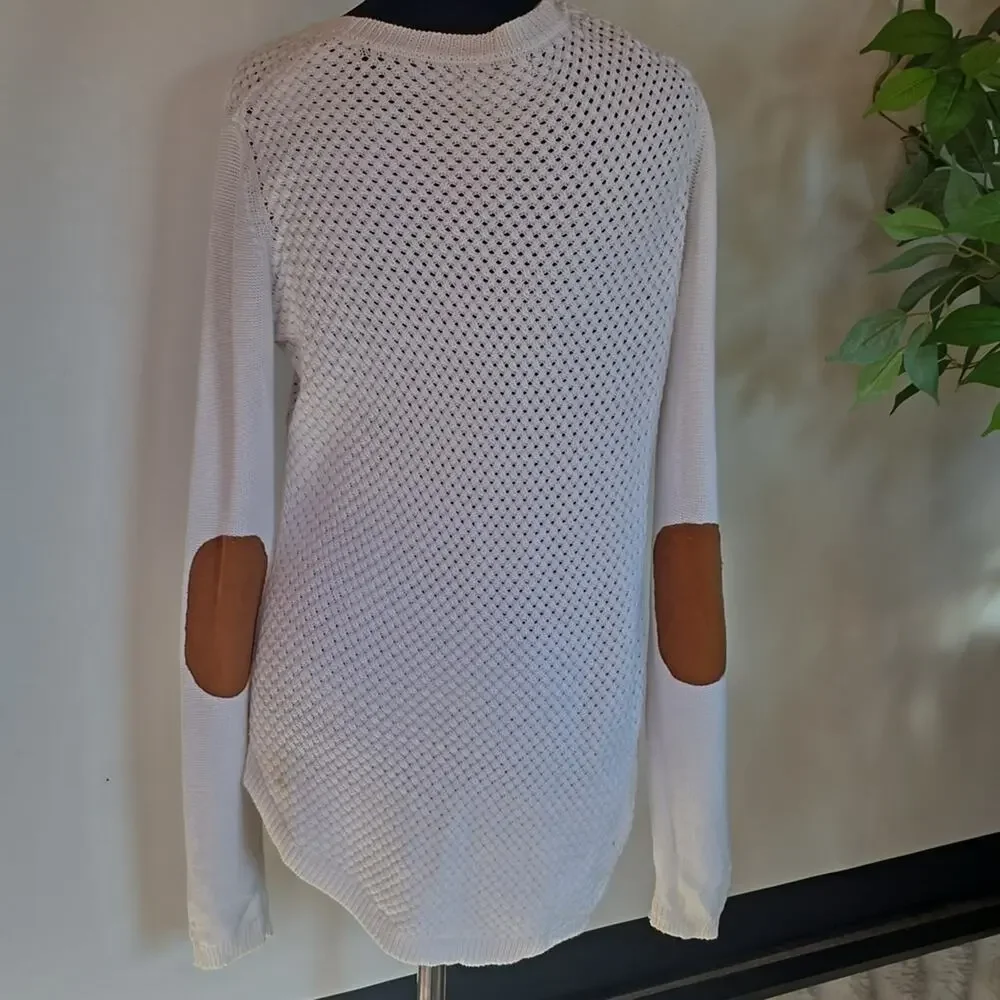 Stitch Fix Letty & Me White Knit Sweater With Suede Elbow Patches